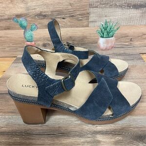 Lucky Brand Harvia platform sandals Women's 8 Black leather wood block Heel